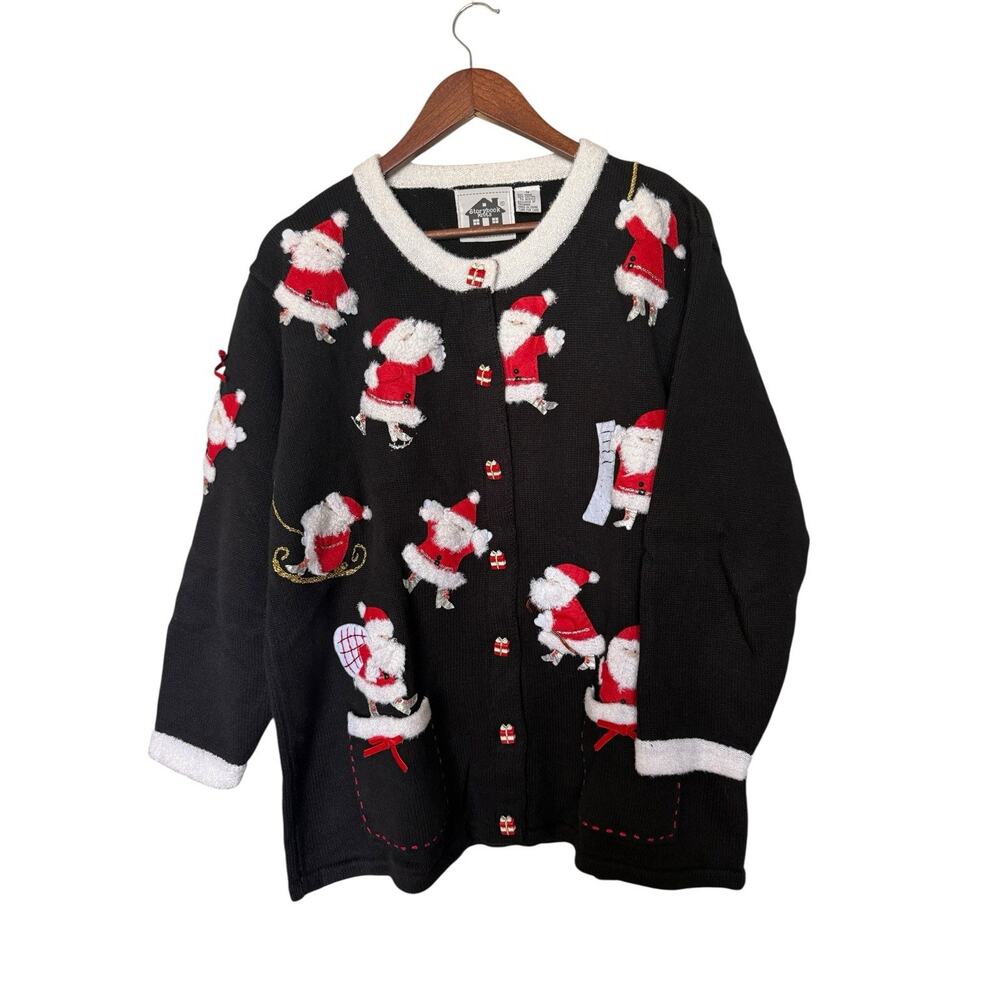 Storybook Knits Christmas Cardigan Sweater‎ Sz 1X Busy Santa Holiday Ugly 3D